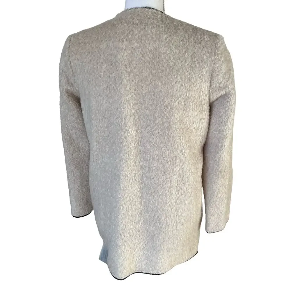 Forever 21 Jacket Size M Ivory Black Trim Full Zip Furry Fuzzy Teddy Longline